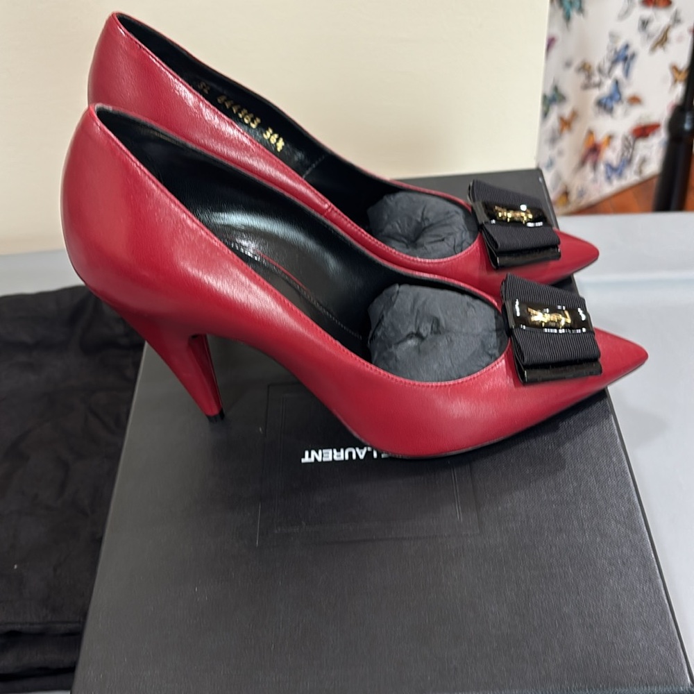 Saint Laurent Burgundy Heels with Black Bow with original box duffel bag 4shoes - Picture 5 of 9